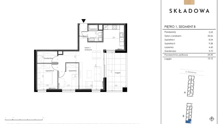 Rzut - Mieszkanie na sprzedaż 3 pokoje o powierzchni 64,45 m² - numer B52 w Apartamenty Składowa