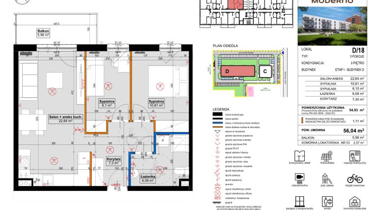 Rzut - Mieszkanie na sprzedaż 3 pokoje o powierzchni 56,04 m² - numer D.18 w Osiedle Moderno