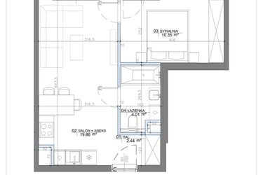Rzut - Mieszkanie na sprzedaż 2 pokoje o powierzchni 37,43 m² - numer 1.10 w Apartamenty Potulickiego