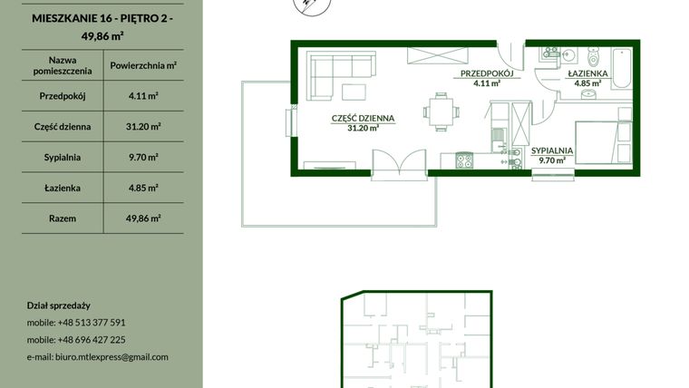 Rzut - Mieszkanie na sprzedaż 2 pokoje o powierzchni 49,86 m² - numer 16 w Bukowa etap II