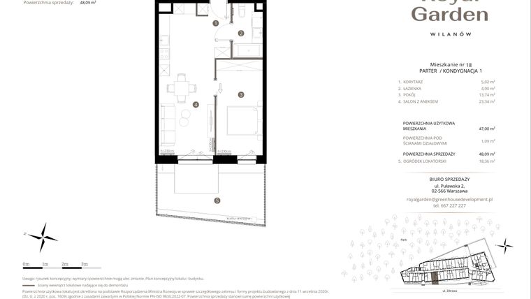 Rzut - Mieszkanie na sprzedaż 2 pokoje o powierzchni 47 m² - numer M.18 w Royal Garden Wilanów