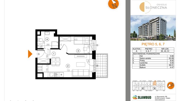 Rzut - Mieszkanie na sprzedaż 2 pokoje o powierzchni 38,31 m² - numer 51 w Osiedle Słoneczna