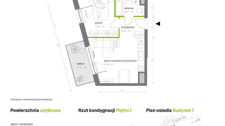 Rzut - Mieszkanie na sprzedaż 2 pokoje o powierzchni 39,47 m² - numer 1.01.M19 w Morska Vita