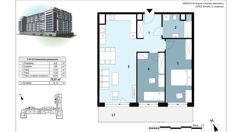 Rzut - Mieszkanie na sprzedaż 3 pokoje o powierzchni 70,48 m² - numer 110 w Langiewicza 37