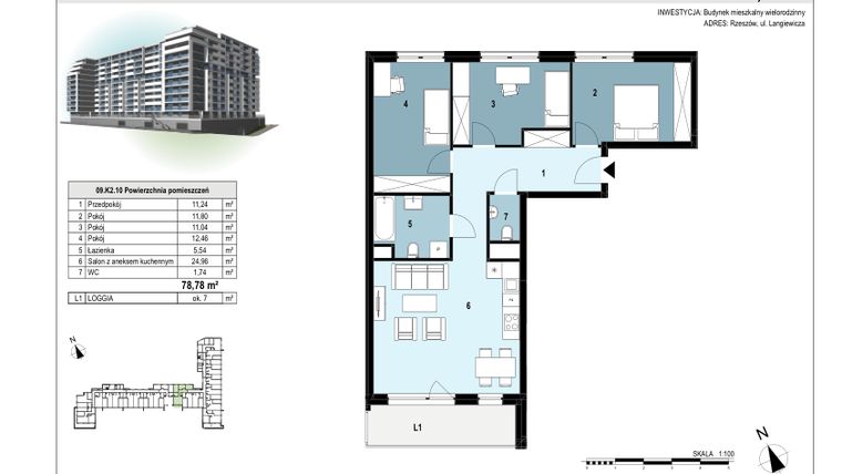 Rzut - Mieszkanie na sprzedaż 4 pokoje o powierzchni 78,84 m² - numer 213 w Langiewicza 37