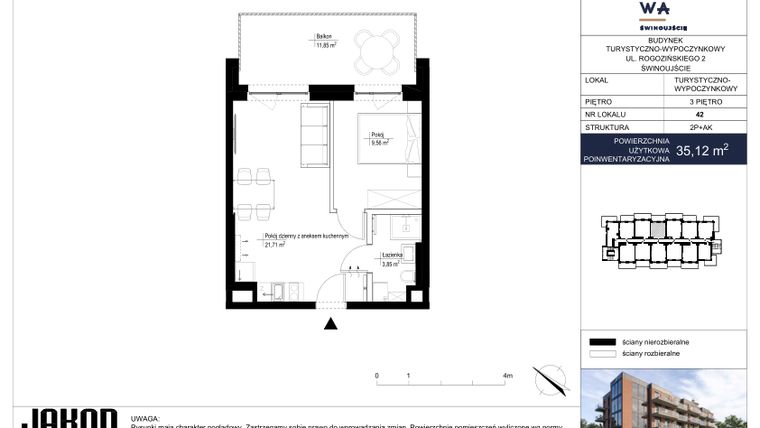 Rzut - Mieszkanie na sprzedaż 2 pokoje o powierzchni 35,12 m² - numer 42 w Jachtowa