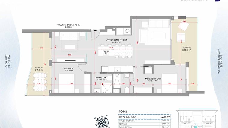 Rzut - Mieszkanie na sprzedaż 2 pokoje o powierzchni 122,19 m² - numer 1-1-B w Apartamenty w La Manga del Mar Menor - 47236454