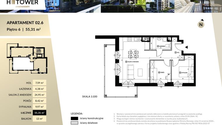 Rzut - Mieszkanie na sprzedaż 3 pokoje o powierzchni 55,31 m² - numer Hi 02.6 w Hi Tower