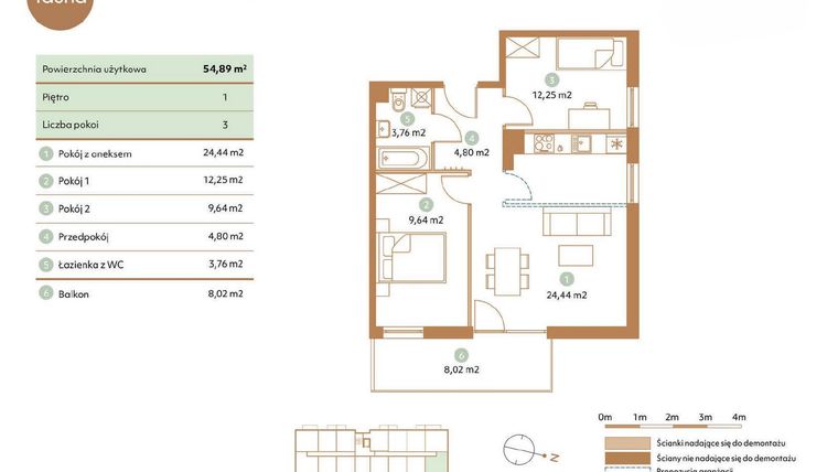 Rzut - Mieszkanie na sprzedaż 3 pokoje o powierzchni 54,89 m² - numer D20-1 w Fauna
