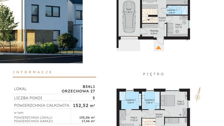 Rzut - Dom na sprzedaż 5 pokoi o powierzchni 152,52 m² - numer B34L1 w Szczodre etap V