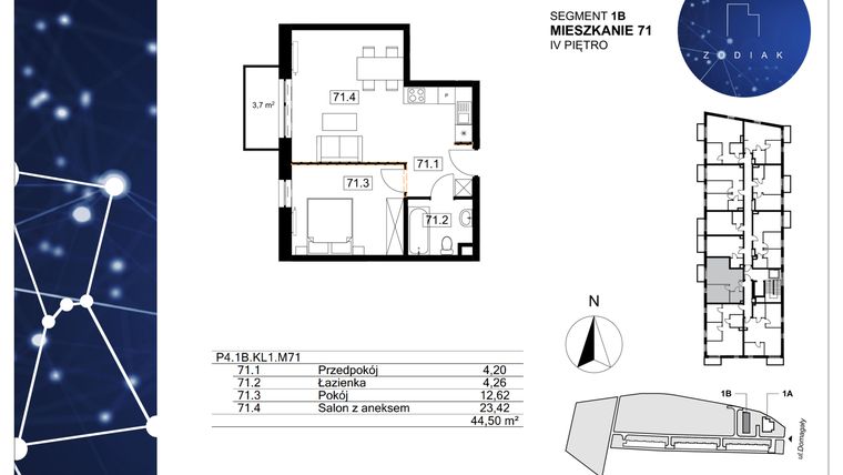 Rzut - Mieszkanie na sprzedaż 2 pokoje o powierzchni 44,5 m² - numer 39/71 w Zodiak