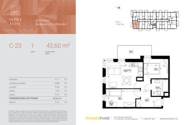 Rzut - Mieszkanie na sprzedaż 3 pokoje o powierzchni 42,6 m² - numer M23_NF.c w Nowe Flisy II