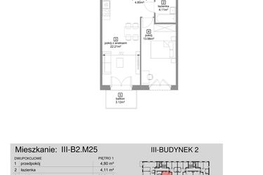 Rzut - Mieszkanie na sprzedaż 2 pokoje o powierzchni 45,1 m² - numer III-B2.M25 w Strefa Cegielnia 3