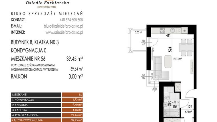 Rzut - Mieszkanie na sprzedaż 2 pokoje o powierzchni 39,45 m² - numer 56B w Osiedle Farbiarska II