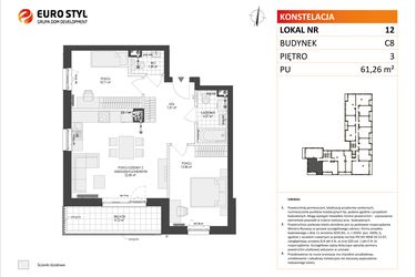 Rzut - Mieszkanie na sprzedaż 3 pokoje o powierzchni 61,26 m² - numer C8.12 w Konstelacja etap IV