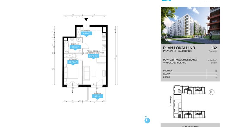 Rzut - Mieszkanie na sprzedaż 2 pokoje o powierzchni 49,46 m² - numer CDEF.132 w Wieża Jeżyce etap II
