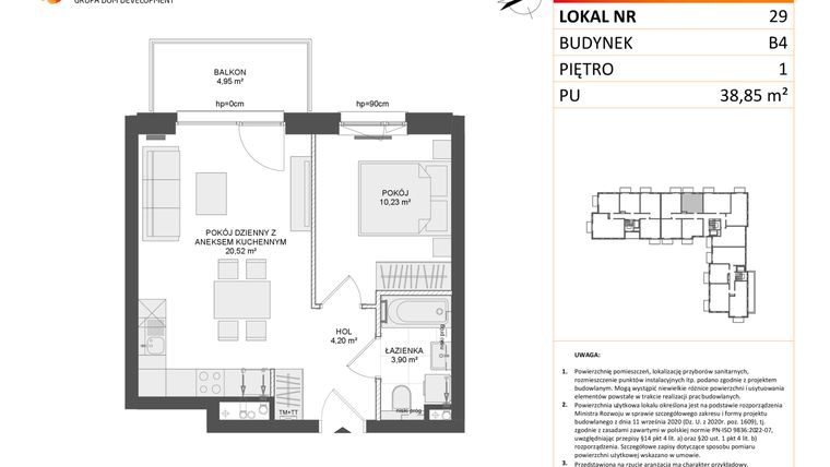 Rzut - Mieszkanie na sprzedaż 2 pokoje o powierzchni 38,85 m² - numer B4.29 w Osiedle Przy Błoniach 3 etap III