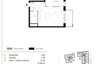 Rzut - Mieszkanie na sprzedaż 1 pokój o powierzchni 41,9 m² - numer D23 w Osiedle Józefowska