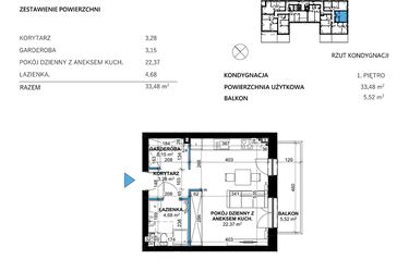 Rzut - Mieszkanie na sprzedaż 1 pokój o powierzchni 33,3 m² - numer 8 w Comfort Corner