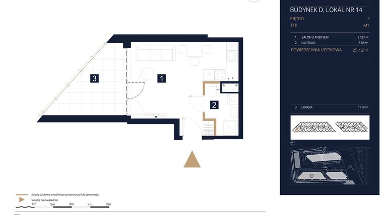 Rzut - Mieszkanie na sprzedaż 1 pokój o powierzchni 25,12 m² - numer D14 w Rezydencja Zegrze etap III