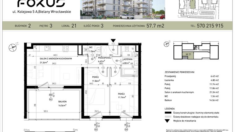Rzut - Mieszkanie na sprzedaż 3 pokoje o powierzchni 57,7 m² - numer B2-21 w Fokus Bielany
