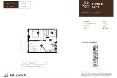 Rzut - Mieszkanie na sprzedaż 2 pokoje o powierzchni 36,67 m² - numer 2.A.2.11 w Murapol Corfa