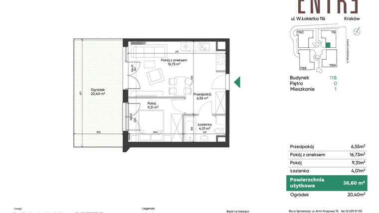 Rzut - Mieszkanie na sprzedaż 2 pokoje o powierzchni 36,6 m² - numer 116-M01 w Entre