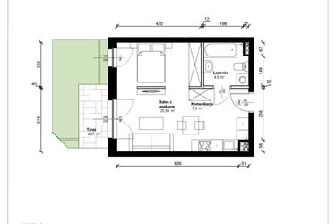 Rzut - Mieszkanie na sprzedaż 1 pokój o powierzchni 34,91 m² - numer B.0.01.1a w ATRIUM