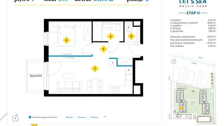 Rzut - Mieszkanie na sprzedaż 2 pokoje o powierzchni 39,92 m² - numer D14 w Let's Sea Baltic Park II