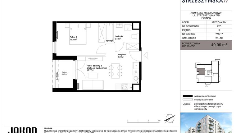 Rzut - Mieszkanie na sprzedaż 2 pokoje o powierzchni 40,99 m² - numer 77D.17 w Strzeszyńska 77