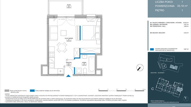 Rzut - Mieszkanie na sprzedaż 1 pokój o powierzchni 33,18 m² - numer C.1.2.7 w Meri Apartamenty