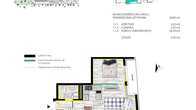 Rzut - Mieszkanie na sprzedaż 1 pokój o powierzchni 36,6 m² - numer B.1.1 w Rogowska