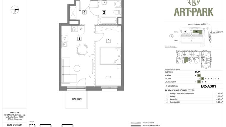Rzut - Mieszkanie na sprzedaż 2 pokoje o powierzchni 40,89 m² - numer B.2.A301 w Inhome Osiedle ArtPark etap I