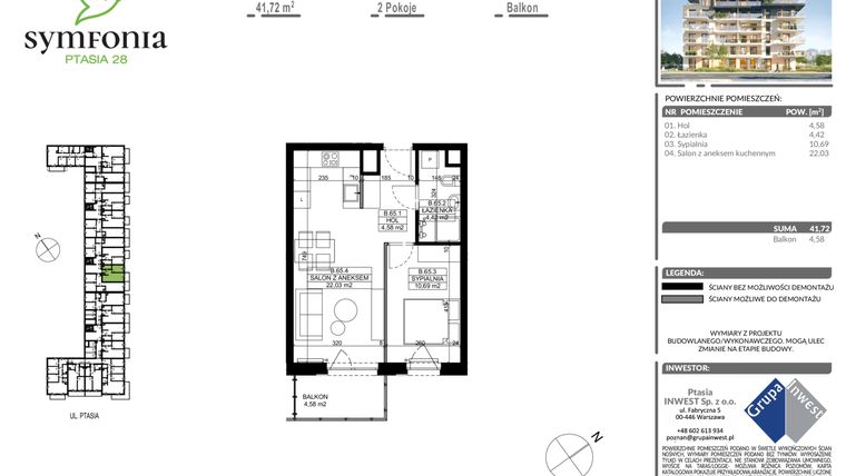 Rzut - Mieszkanie na sprzedaż 2 pokoje o powierzchni 41,72 m² - numer B.65 w Symfonia Ptasia 28