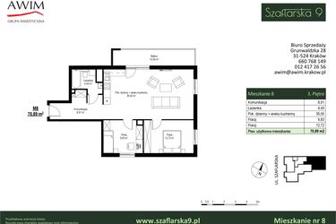 Rzut - Mieszkanie na sprzedaż 3 pokoje o powierzchni 70,89 m² - numer M8 w Szaflarska 9