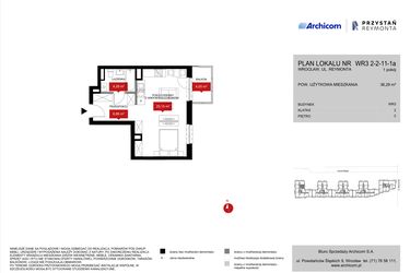 Rzut - Mieszkanie na sprzedaż 1 pokój o powierzchni 36,29 m² - numer WR3 2/2/11/1a w Przystań Reymonta etap II