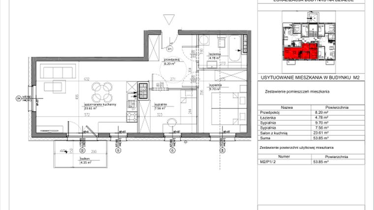 Rzut - Mieszkanie na sprzedaż 3 pokoje o powierzchni 54,03 m² - numer M2/P2/2 w Nowa Klecina