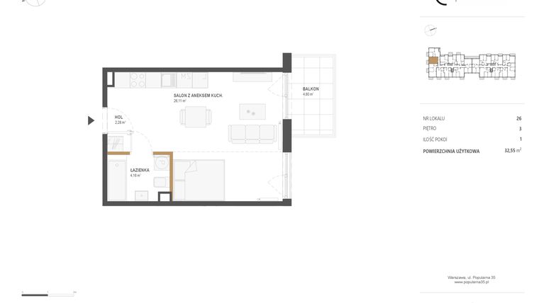Rzut - Mieszkanie na sprzedaż 1 pokój o powierzchni 32,55 m² - numer M.26 w Popularna 35