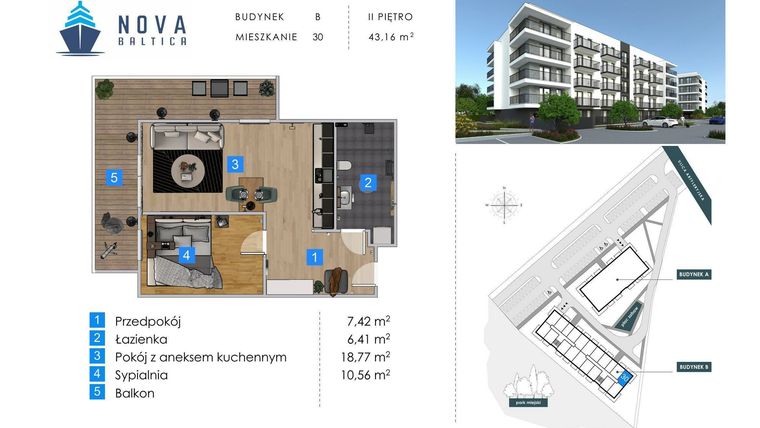 Rzut - Mieszkanie na sprzedaż 2 pokoje o powierzchni 43,16 m² - numer B30 w Nova Baltica Mieszkania Kołobrzeg