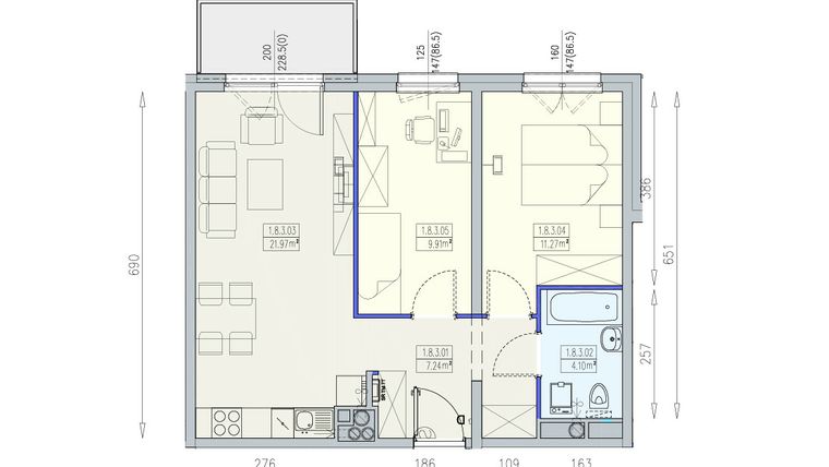 Rzut - Mieszkanie na sprzedaż 3 pokoje o powierzchni 54,49 m² - numer K1 1/8/3/3a w Południk 17 - budynek K1