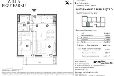 Rzut - Mieszkanie na sprzedaż 2 pokoje o powierzchni 37,45 m² - numer 3.B w Willa przy parku