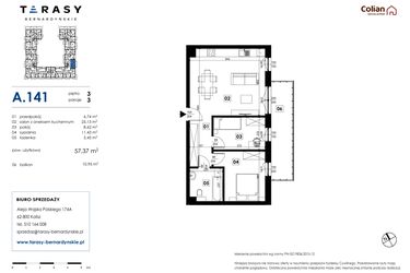 Rzut - Mieszkanie na sprzedaż 3 pokoje o powierzchni 57,37 m² - numer A.141 w Tarasy Bernardyńskie