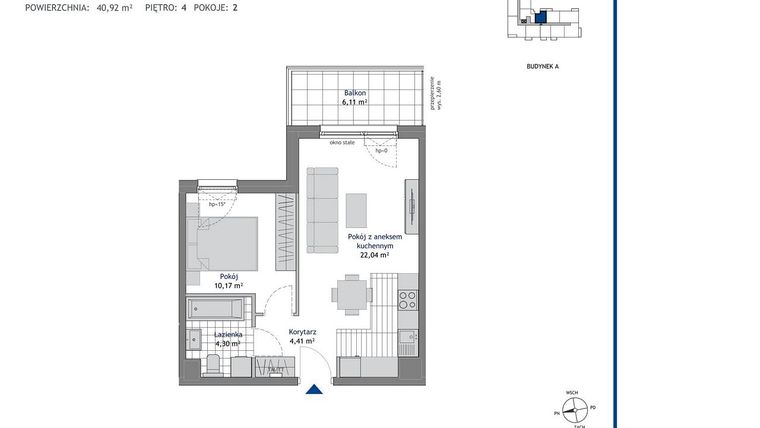 Rzut - Mieszkanie na sprzedaż 2 pokoje o powierzchni 40,92 m² - numer A.4.5 w Linea bud. A