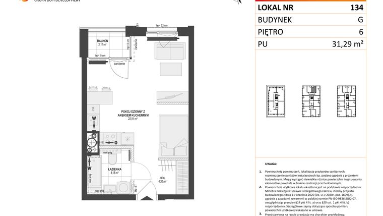 Rzut - Mieszkanie na sprzedaż 1 pokój o powierzchni 31,29 m² - numer G.134 w DOKI etap II (bud. G)