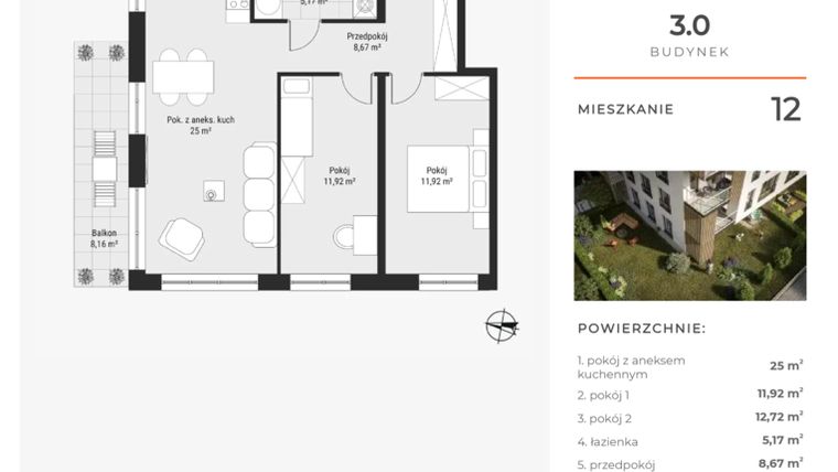 Rzut - Mieszkanie na sprzedaż 3 pokoje o powierzchni 63,77 m² - numer 12 w Bytkowska 3.0