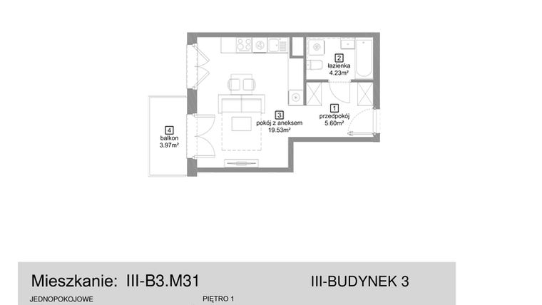 Rzut - Mieszkanie na sprzedaż 1 pokój o powierzchni 29,36 m² - numer III-B3.M31 w Strefa Cegielnia 3