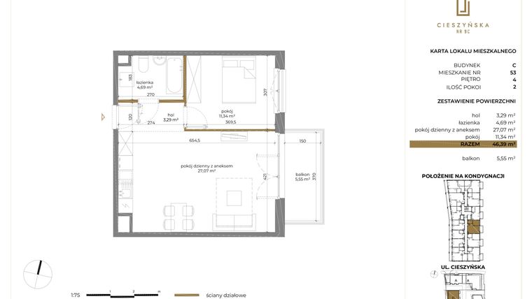 Rzut - Mieszkanie na sprzedaż 2 pokoje o powierzchni 46,42 m² - numer C-53 w Cieszyńska 9 budynek B i C