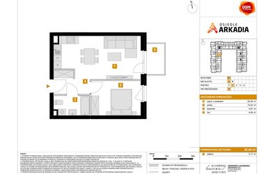 Rzut - Mieszkanie na sprzedaż 2 pokoje o powierzchni 38,45 m² - numer B1.6 w Osiedle Arkadia etap 2