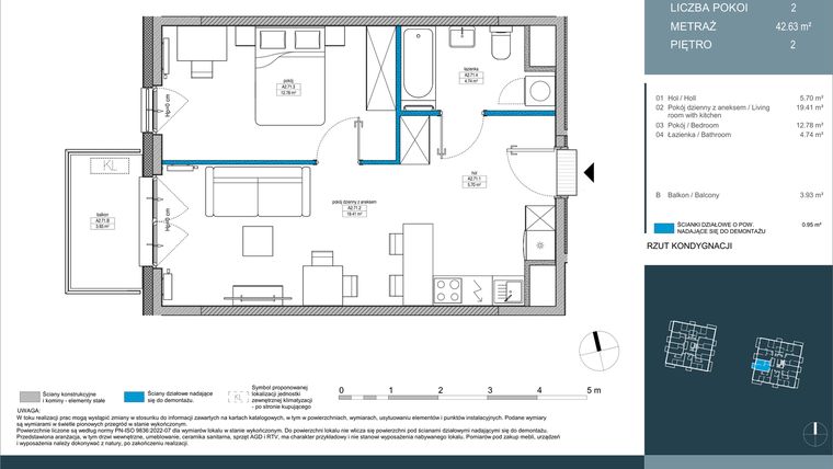 Rzut - Mieszkanie na sprzedaż 2 pokoje o powierzchni 42,63 m² - numer 71 w Nordic Górka Narodowa