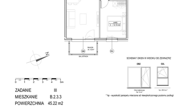 Rzut - Mieszkanie na sprzedaż 2 pokoje o powierzchni 45,22 m² - numer B.2.3.3 w Atut III